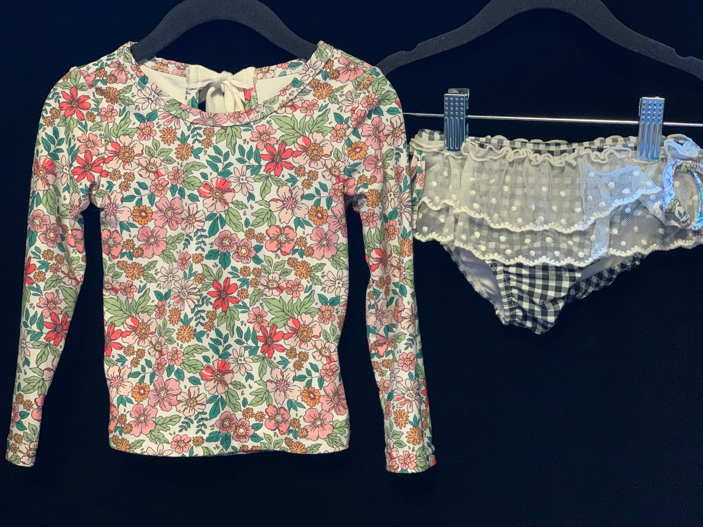 Love & Grow Girls 3pc Floral swim set & Boys Black Checker Trunks