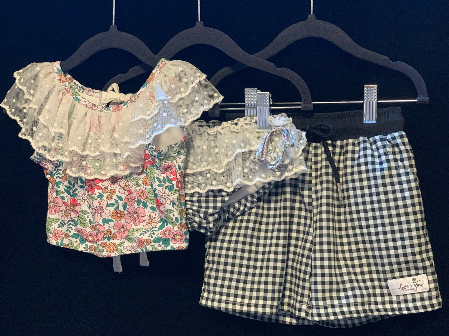 Love & Grow Girls 3pc Floral swim set & Boys Black Checker Trunks