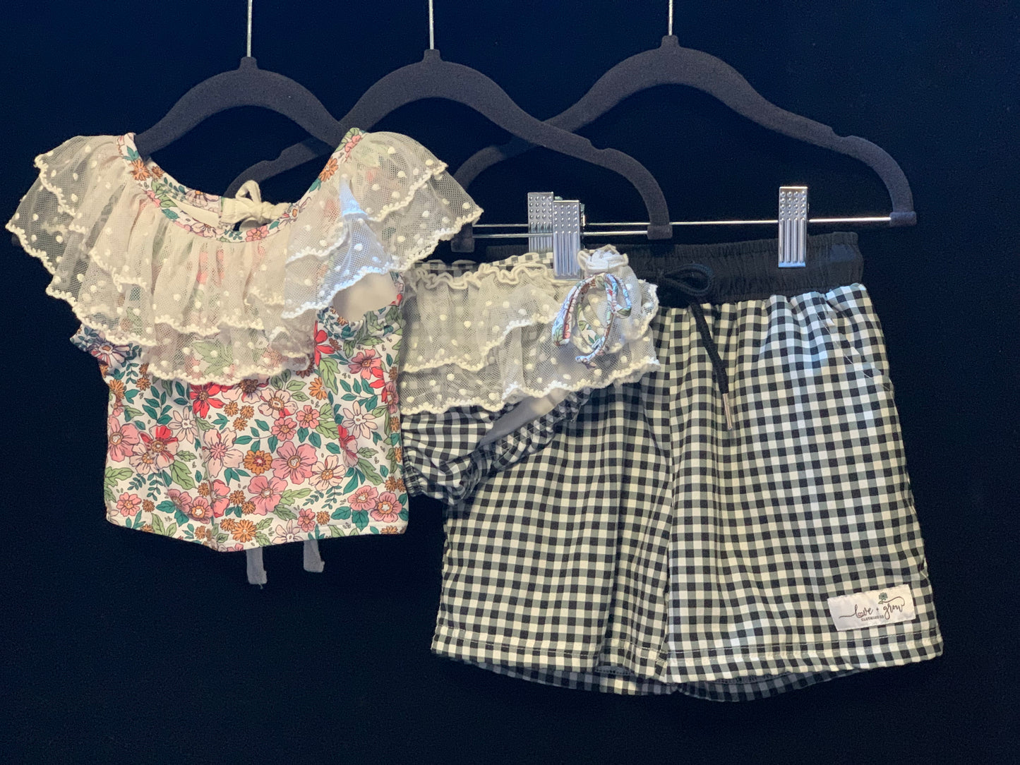Love & Grow Girls 3pc Floral swim set & Boys Black Checker Trunks