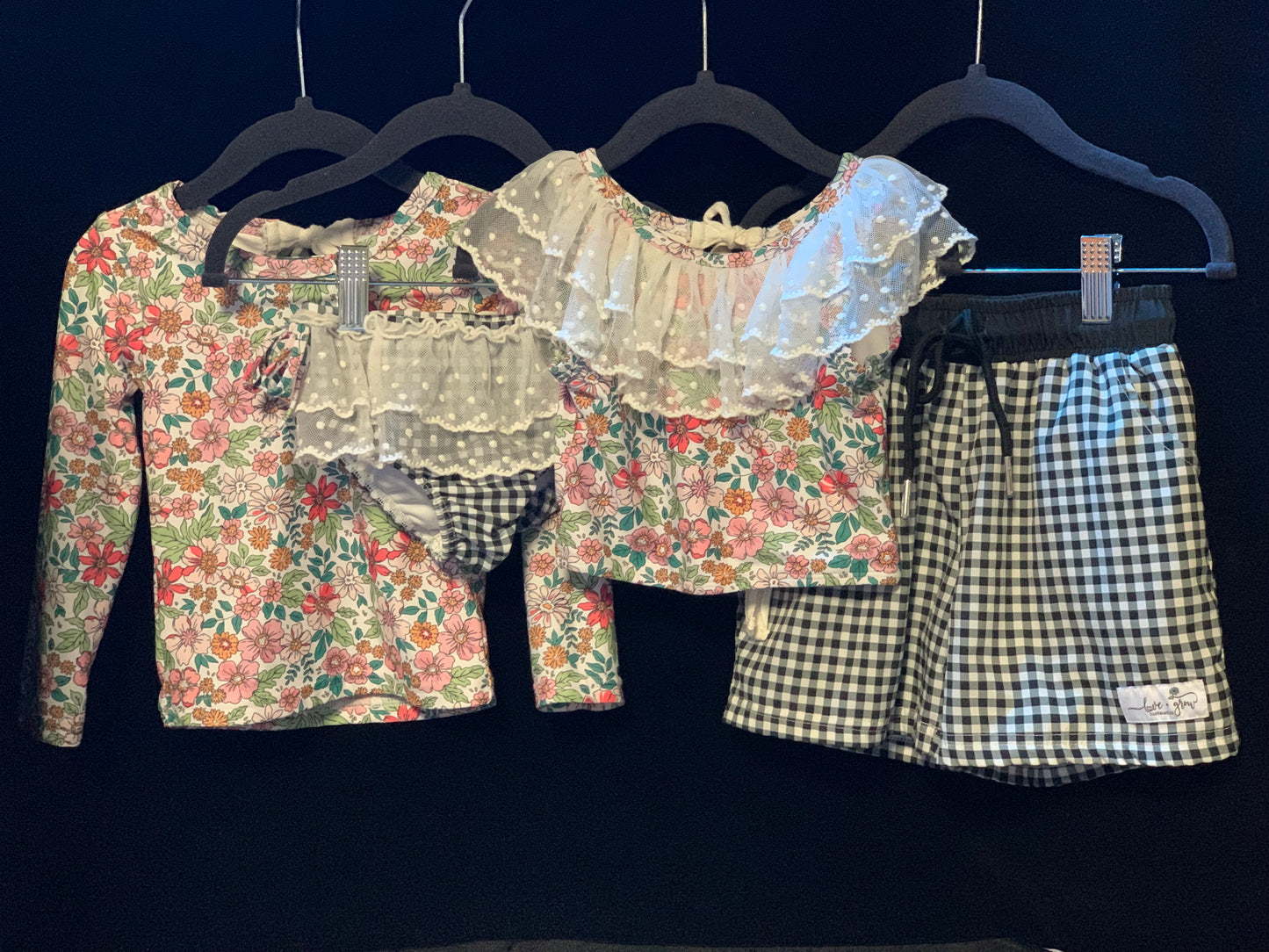 Love & Grow Girls 3pc Floral swim set & Boys Black Checker Trunks