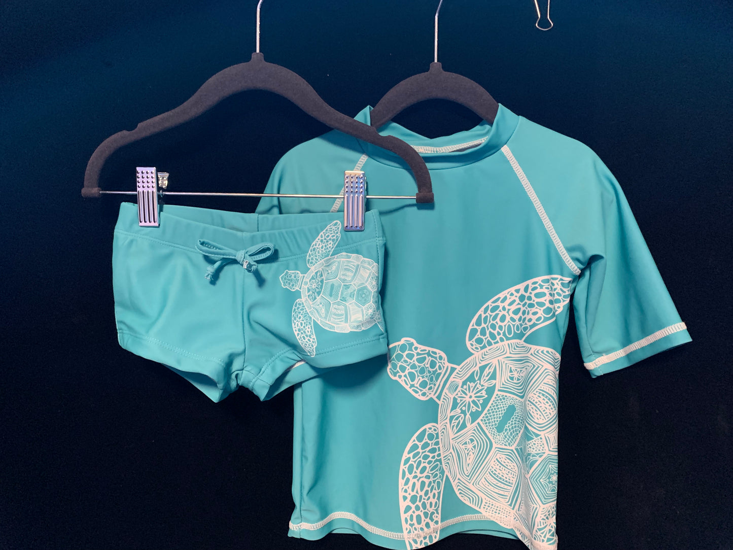 MLL & MM Turquoise Tie Dye Rash Guard Girl Bikini Bottom & Boy Rashguard w/Trunk