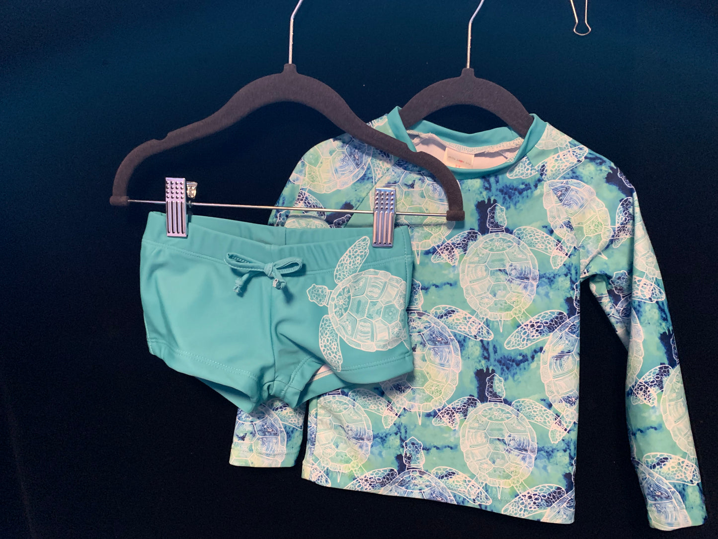 MLL & MM Turquoise Tie Dye Rash Guard Girl Bikini Bottom & Boy Rashguard w/Trunk