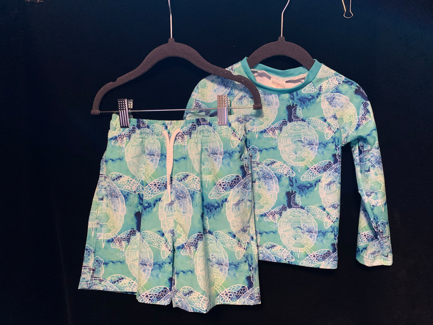 MLL & MM Turquoise Tie Dye Rash Guard Girl Bikini Bottom & Boy Rashguard w/Trunk