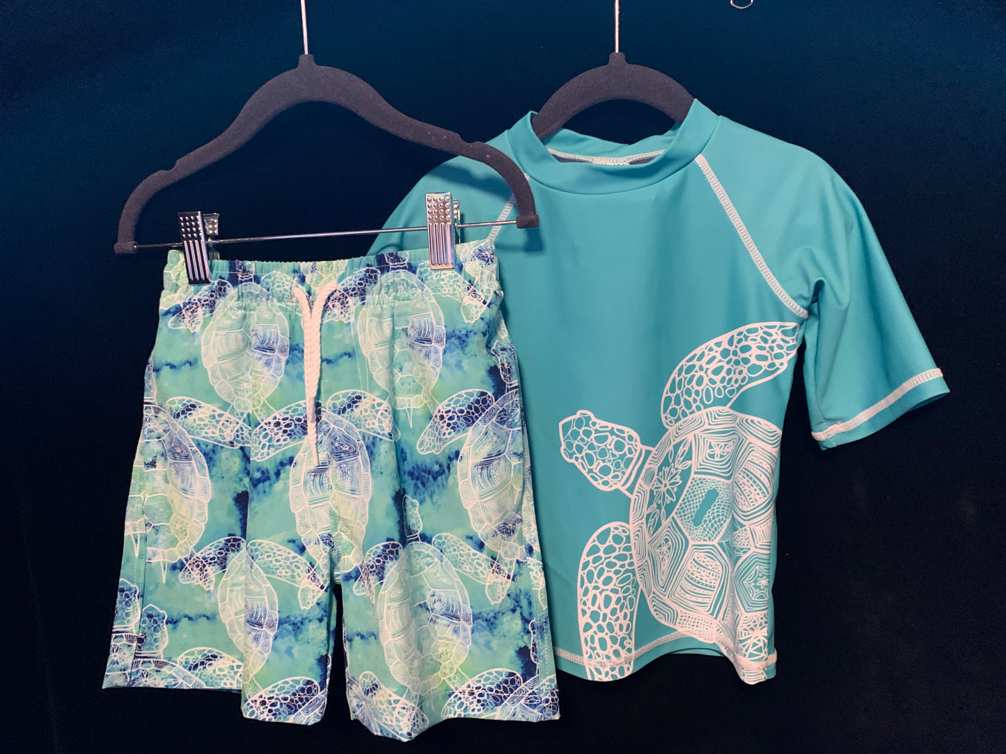 MLL & MM Turquoise Tie Dye Rash Guard Girl Bikini Bottom & Boy Rashguard w/Trunk
