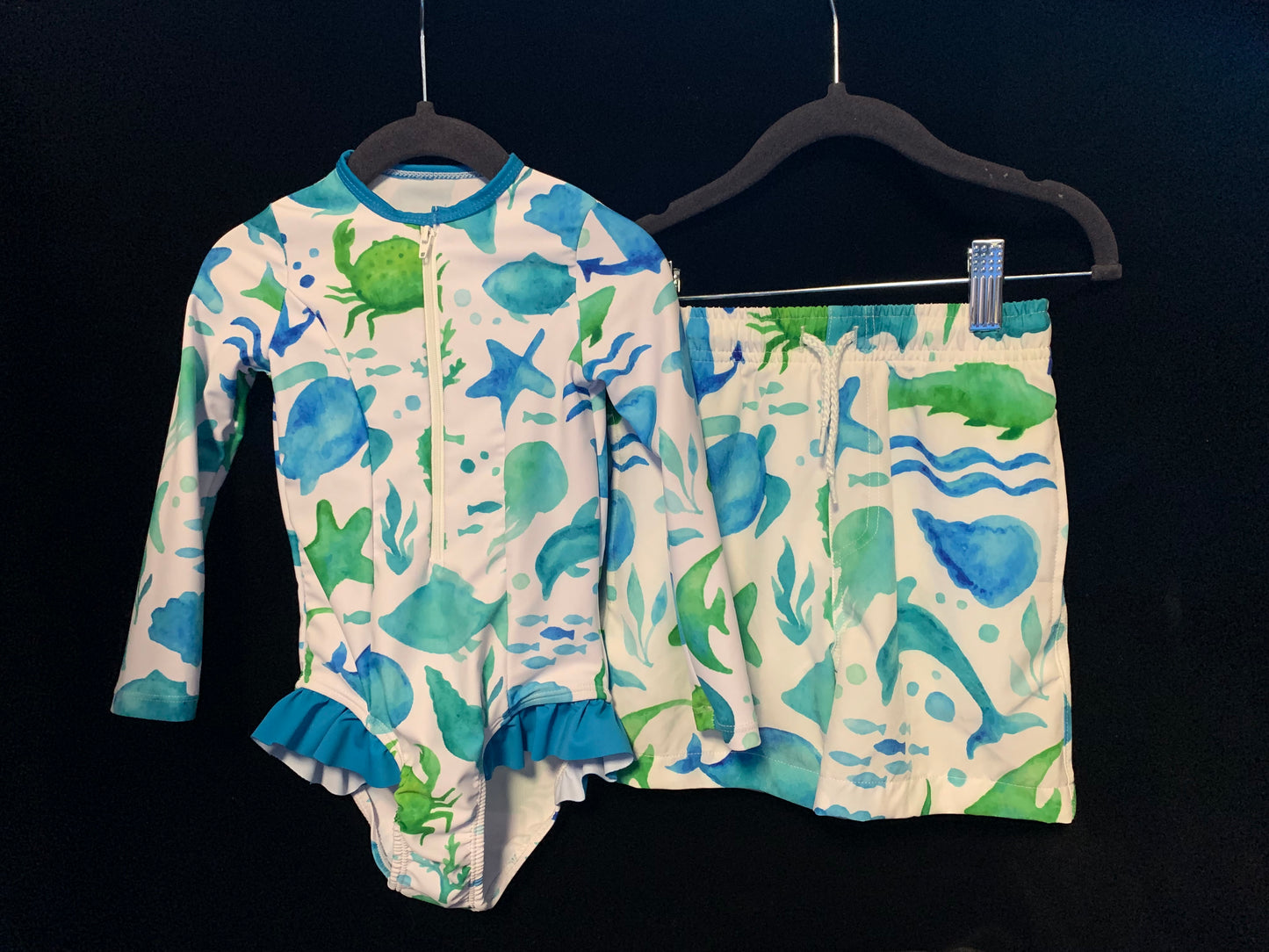 MLL & MM 3 Pcs Blue & Green Watercolor Sea Girls 1 Pcs & Boys Trunk w/ Rash Guard