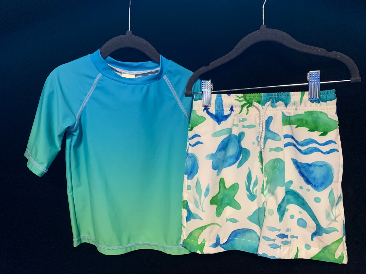 MLL & MM 3 Pcs Blue & Green Watercolor Sea Girls 1 Pcs & Boys Trunk w/ Rash Guard