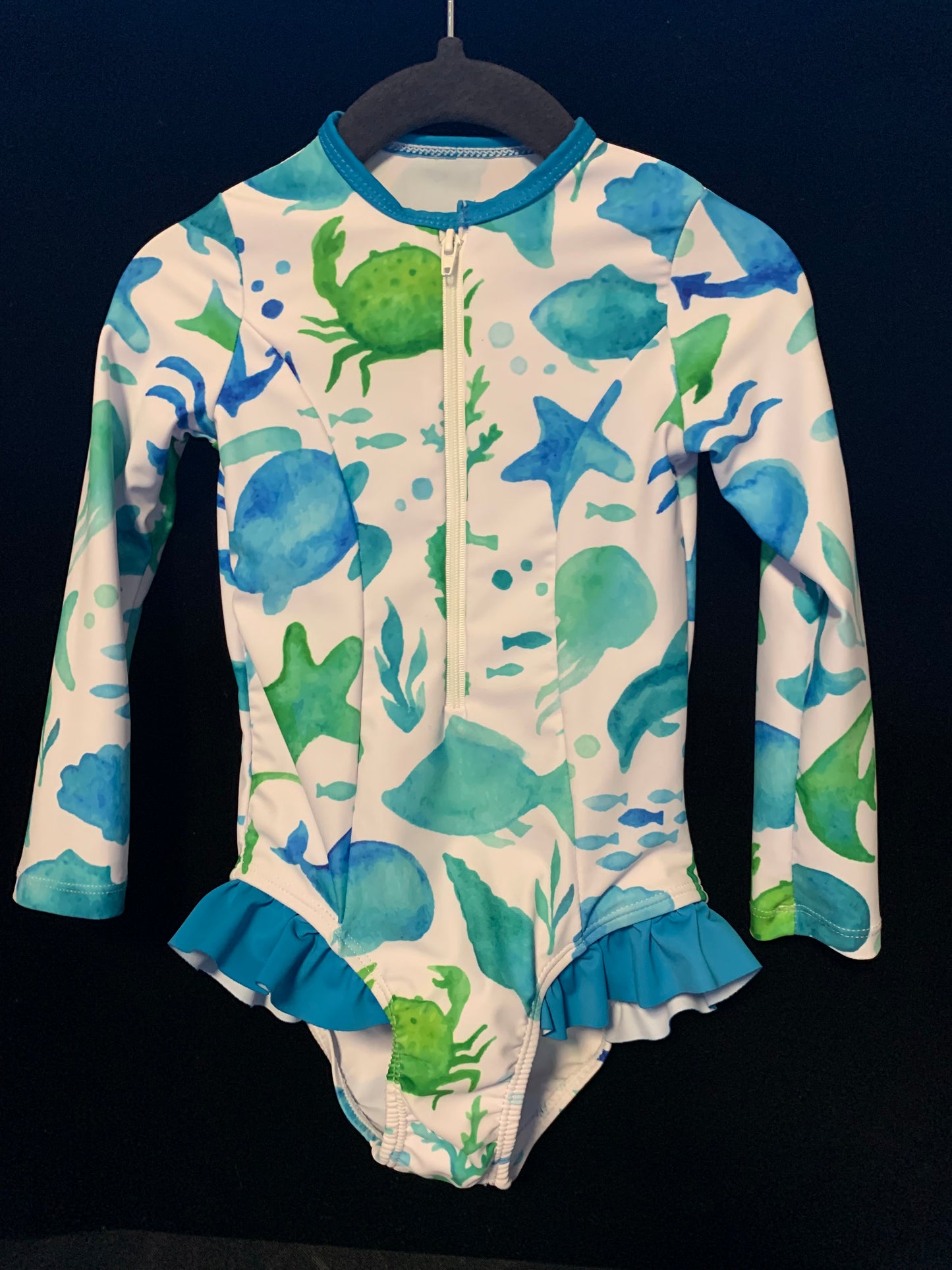 MLL & MM 3 Pcs Blue & Green Watercolor Sea Girls 1 Pcs & Boys Trunk w/ Rash Guard