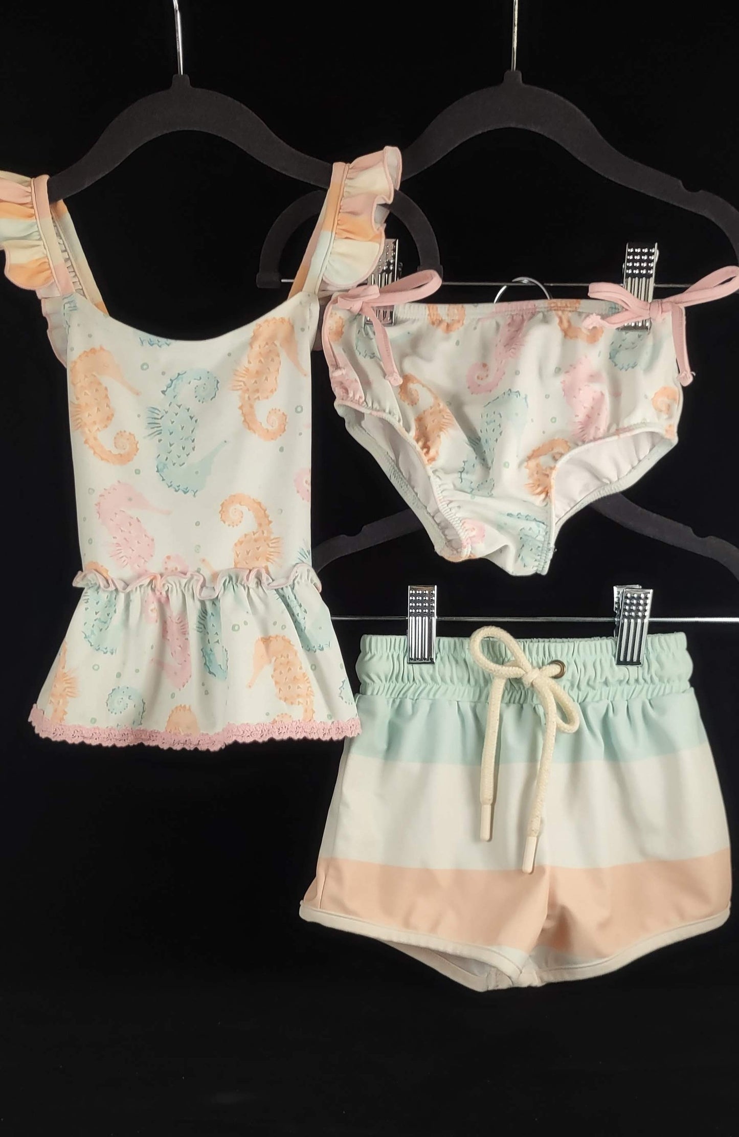Sweet Honey 4 Pcs Seahorse Girls 2 pcs & 2 pcs Boys Trunks w/Rash Guard