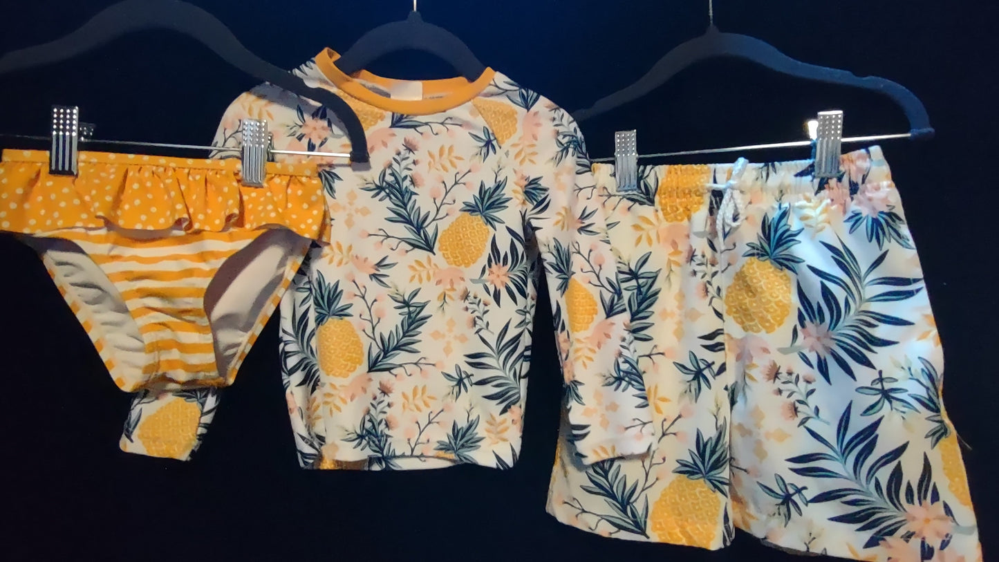 MLL & MM 3 Pcs White & Orange Pineapple Girls 2pcs & Boy Trunks w/Rash Guard