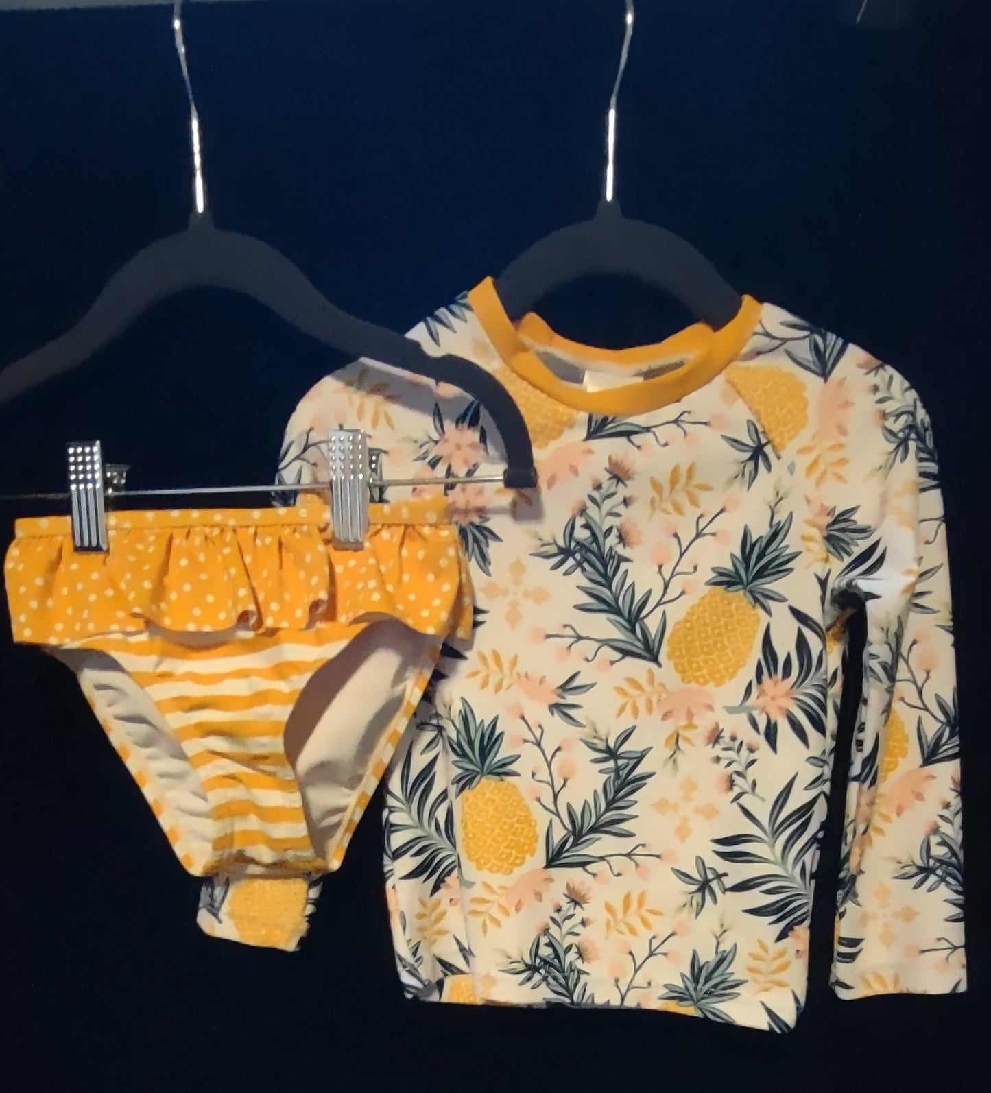 MLL & MM 3 Pcs White & Orange Pineapple Girls 2pcs & Boy Trunks w/Rash Guard