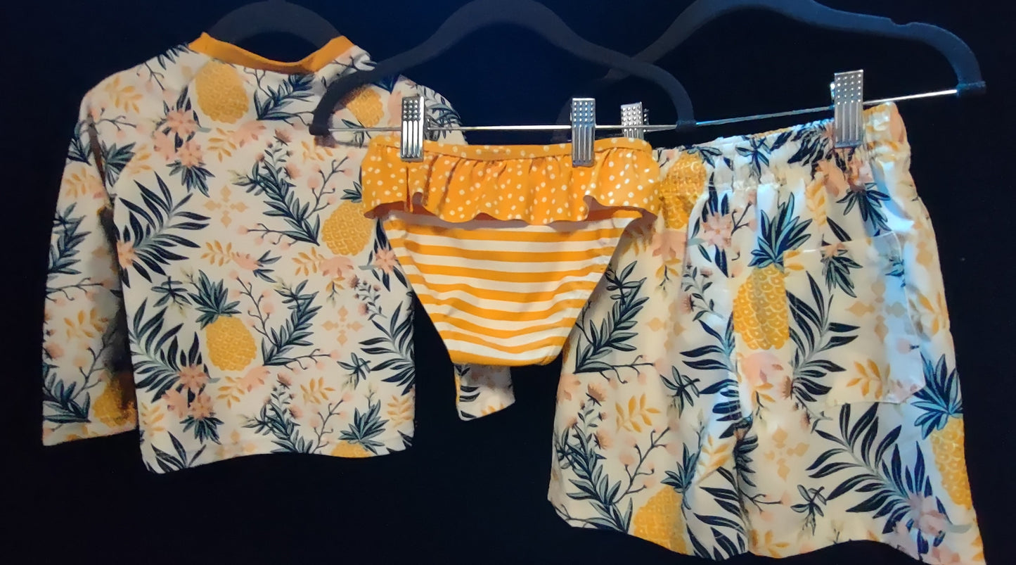 MLL & MM 3 Pcs White & Orange Pineapple Girls 2pcs & Boy Trunks w/Rash Guard
