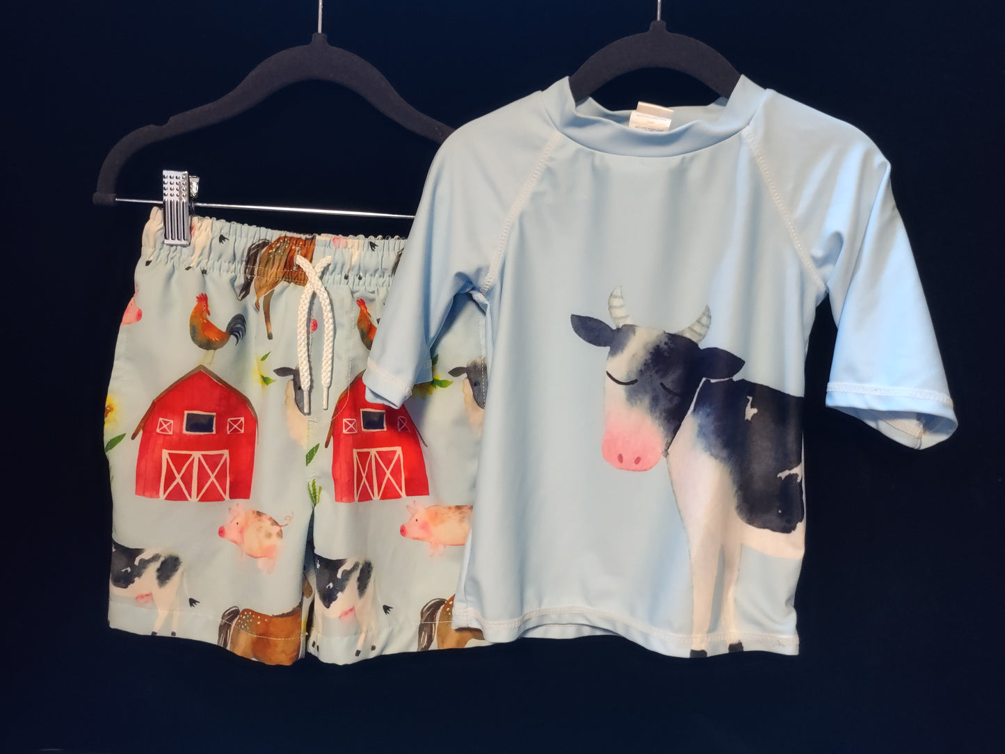 MLL & MM 3 Pcs Farm Fun Barn Girls 1 Pieces & Boys Trunk w/ Rash Guard