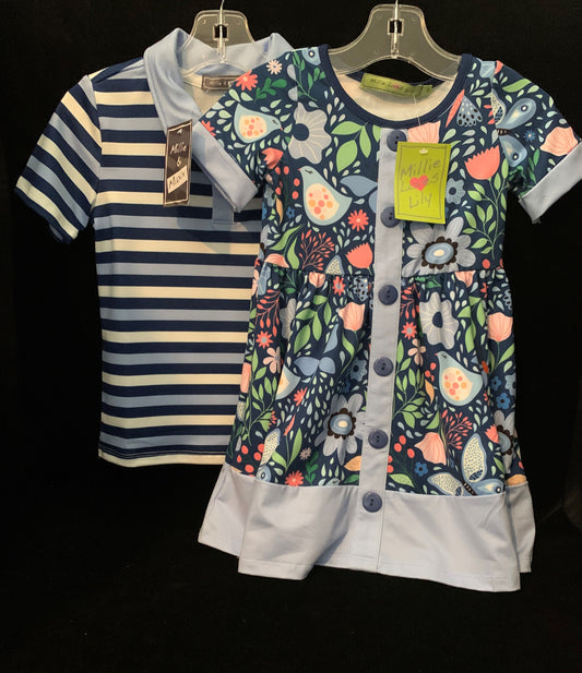 MLL & MM Navy Floral Butterfly Dress & Stripe Polo Shirt