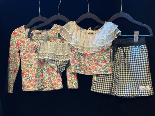 Love & Grow Girls 3pc Floral swim set & Boys Black Checker Trunks