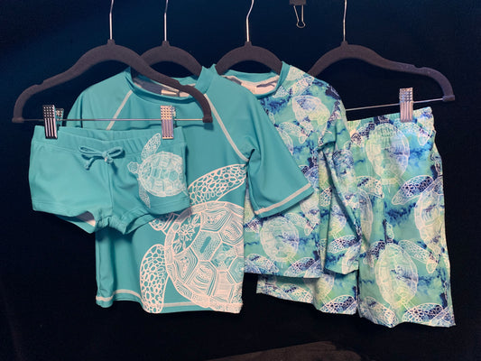 MLL & MM Turquoise Tie Dye Rash Guard Girl Bikini Bottom & Boy Rashguard w/Trunk