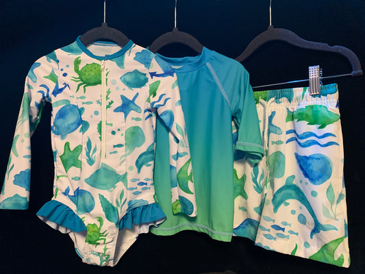 MLL & MM 3 Pcs Blue & Green Watercolor Sea Girls 1 Pcs & Boys Trunk w/ Rash Guard