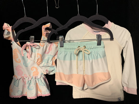 Sweet Honey 4 Pcs Seahorse Girls 2 pcs & 2 pcs Boys Trunks w/Rash Guard
