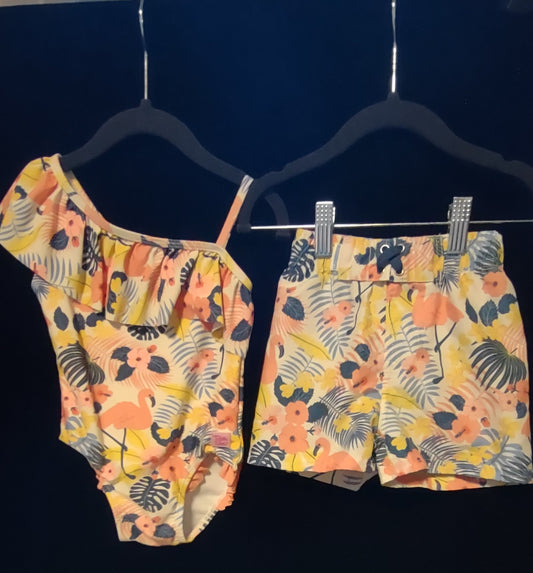 Tropical Flamingo Girls 1 Pcs & Boys Swim Trunks