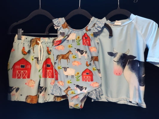 MLL & MM 3 Pcs Farm Fun Barn Girls 1 Pieces & Boys Trunk w/ Rash Guard
