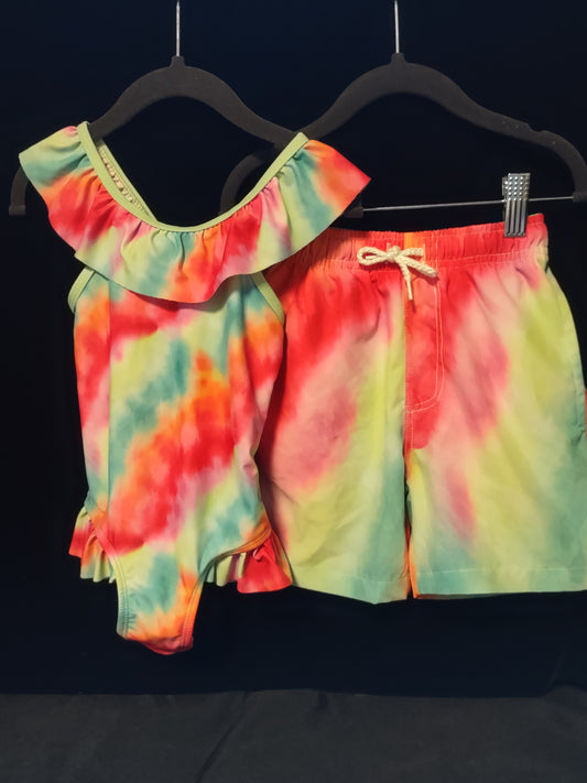 MLL & MM Summer Tie-Dye Ruffle-Accent 1 Piece & Boys Matching Trunks