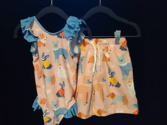 MLL & MM Pink & Blue Dog Park Ruffled Girls 1 pcs & Boys Trunks